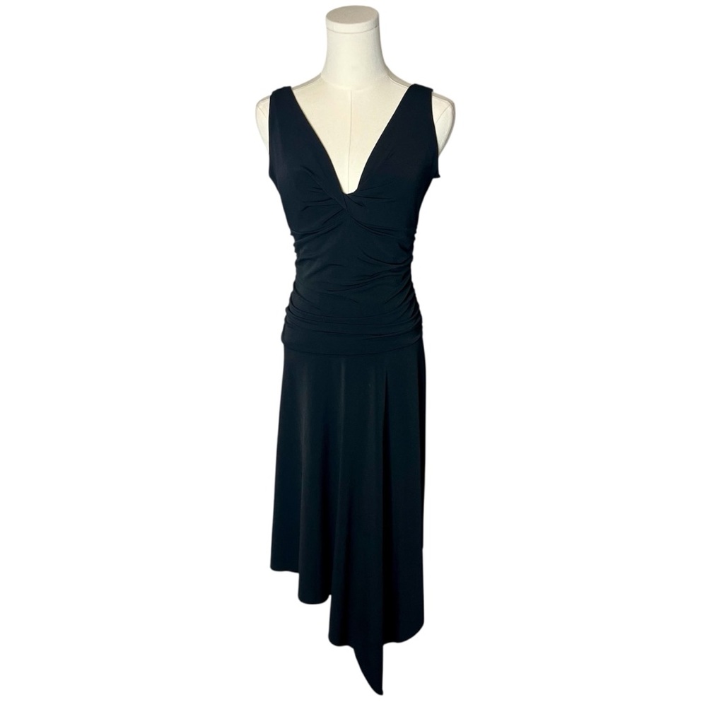 Vintage Black Twist V Neck Drop Waist Asymmetrical Hem Whimsigoth Midi Dress